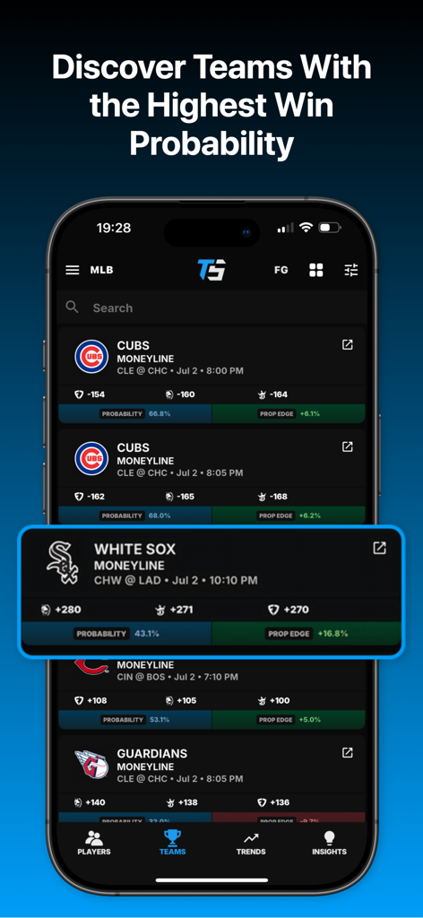 Toad Sports - Betting Research - 두꺼비 스포츠 앱이 MLB 팀 승리 확률 및 베팅 우위 데이터를 표시합니다