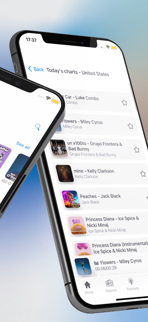 Interfaccia dell'app myTuner Radio che mostra le classifiche musicali più ascoltate negli Stati Uniti su uno smartphone