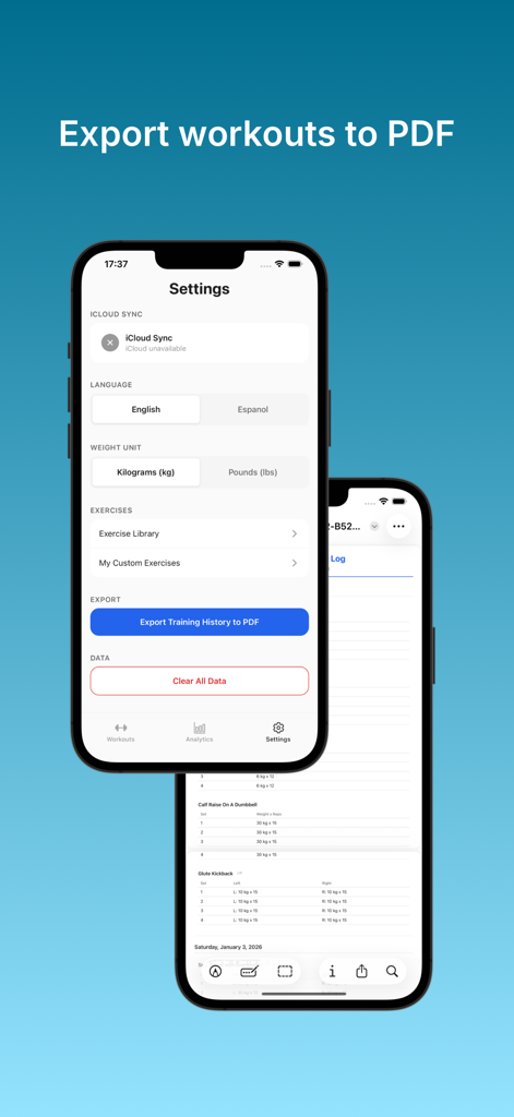 BaseLift: Gym Log & Diary - BaseLift app settings screen with a button to export training history to PDF.
