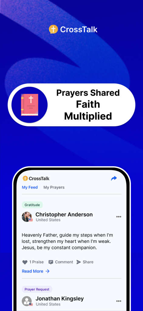 CrossTalk: Bible Chat + Prayer - A screenshot of the CrossTalk app showing the prayer wall with community posts and gratitude messages