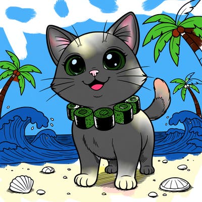 a kitten that has a green sushi collar and is named daisy and it’s at a beach
