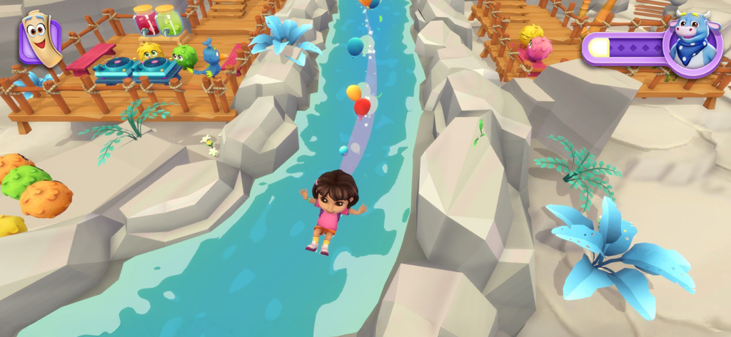 Dora the Explorer sliding down a blue water stream in a rocky canyon.