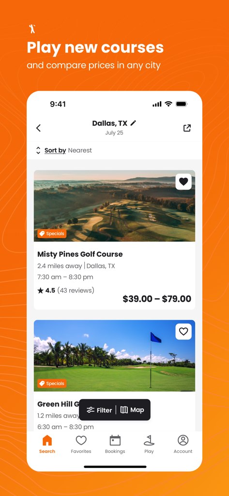 Supreme Golf mobile app displaying available tee times and course prices in Dallas