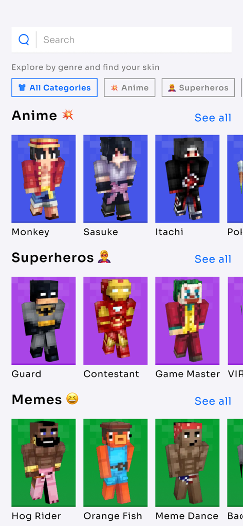 Skins for Minecraft PE ▸ - Navegue pelas skins do Minecraft por categorias como Anime e Super-heróis