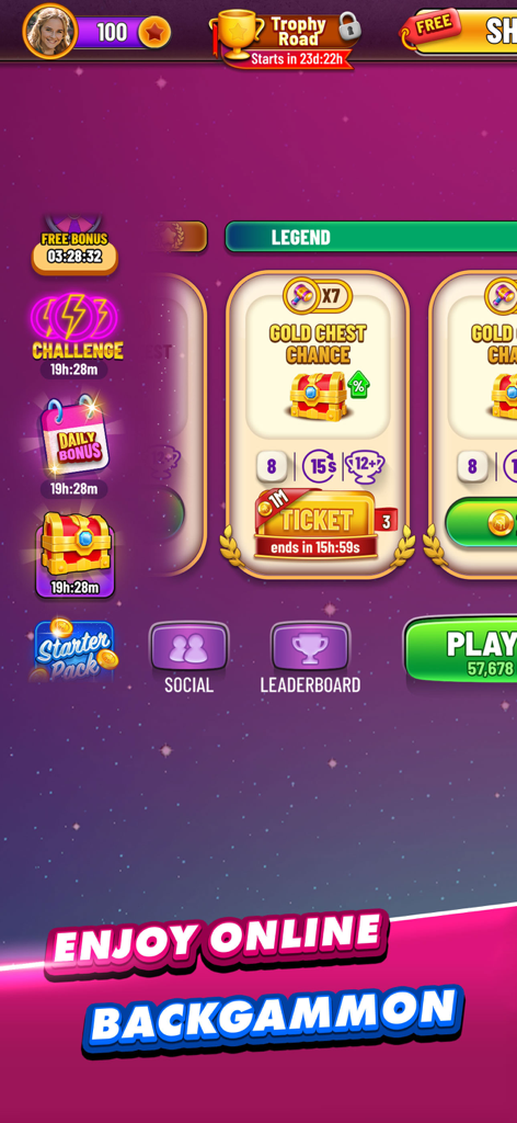 Backgammon Plus - Board Games - Lobby principale del gioco mobile Backgammon Plus che mostra bonus giornalieri, ricompense e pulsante gioca