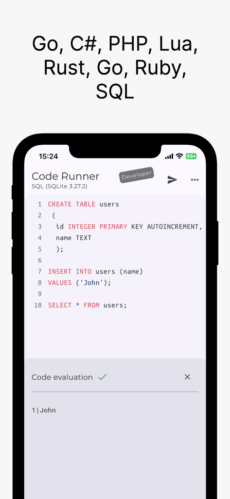 Code Runner app interface showing SQL code execution and evaluation results on a mobile device