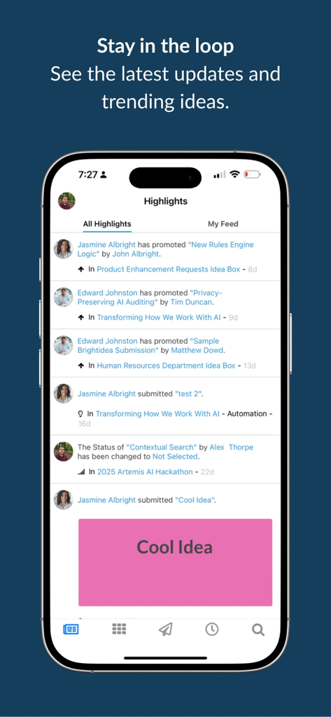O feed de Destaques do aplicativo Ideas by Brightidea mostrando atualizações de inovação corporativa e ideias populares
