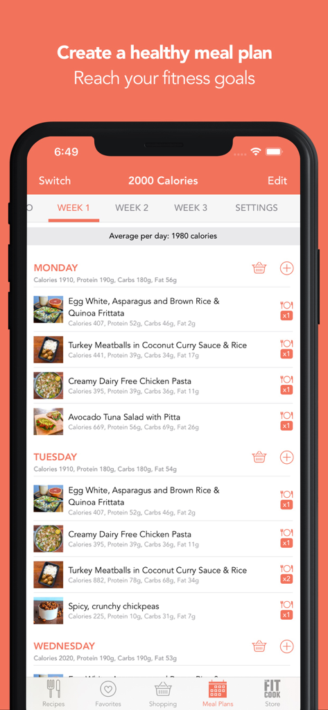Wochenplaner in der FitMenCook-App, der gesunde Rezepte und Makroangaben pro Mahlzeit anzeigt