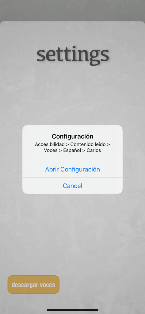 Tus Zonas Erróneas - Settings screen of the Tus Zonas Erroneas app showing a popup with instructions to configure the Spanish voice for the audiobook.