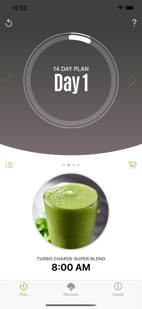 Jason Vale Super Blend Me app interface displaying Day 1 of a 14-day plan and a Turbo Charge Super Blend recipe.