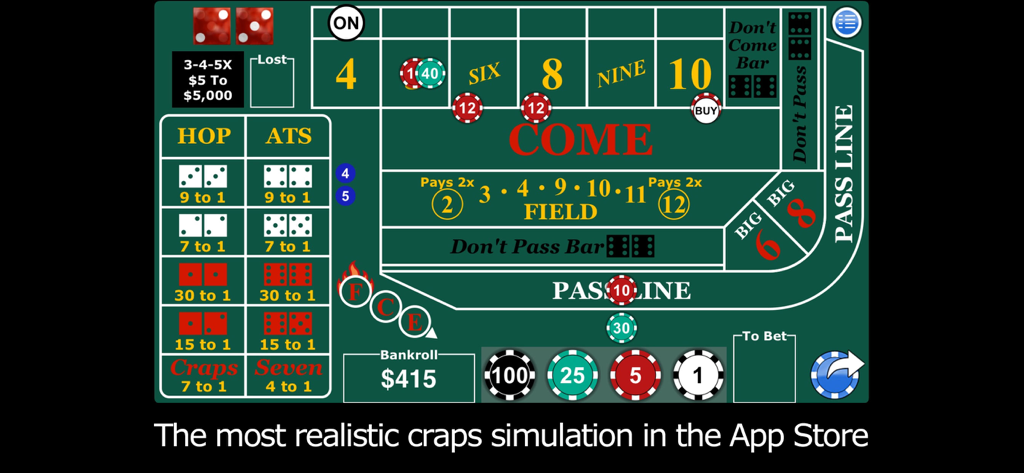 Simulación realista de mesa de craps con fichas de apuestas y resultados de dados