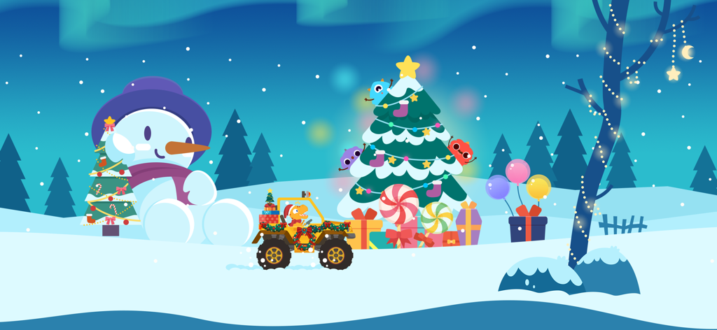 Dinosaur Math Games for kids - T-Rex driving a car in a snowy winter landscape with a Christmas tree and a giant snowman