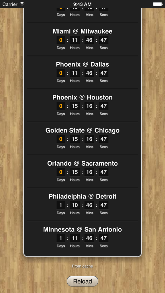 Basketball Games - 팁오프까지 남은 시간(일, 시간, 분, 초)을 보여주는 카운트다운 타이머가 있는 예정된 NBA 농구 경기 목록.