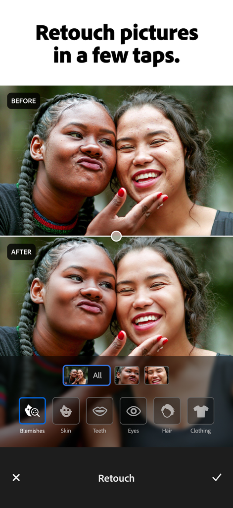 Comparaison avant et après retouche d'un portrait dans l'application mobile Adobe Lightroom