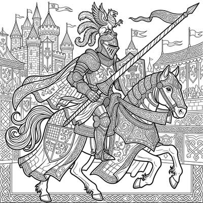 Charge into the excitement of a medieval tournament with this detailed Jousting Knight coloring page, perfect for teens seeking an artistic challenge. Immerse yourself in the world of chivalry as you bring this heroic scene to life with your colors.