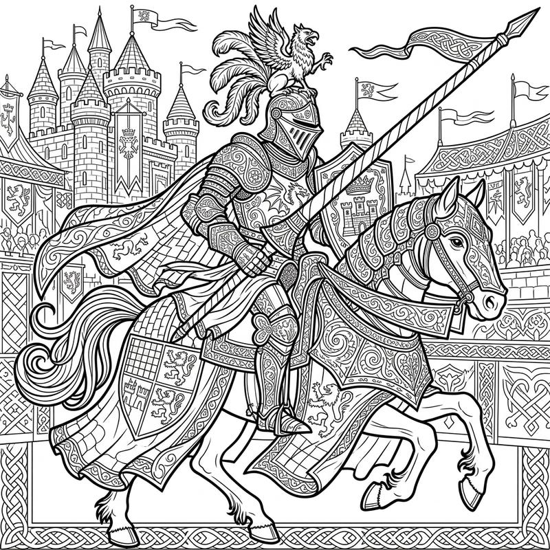 Charge into the excitement of a medieval tournament with this detailed Jousting Knight coloring page, perfect for teens seeking an artistic challenge. Immerse yourself in the world of chivalry as you bring this heroic scene to life with your colors.