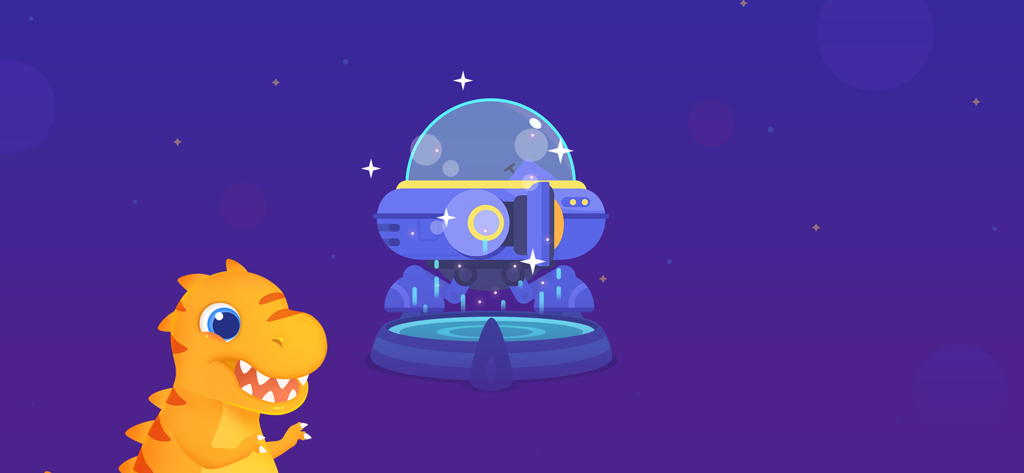 Dinosaur Chinese: Learn & Play - An orange cartoon dinosaur standing next to a blue futuristic mecha spaceship