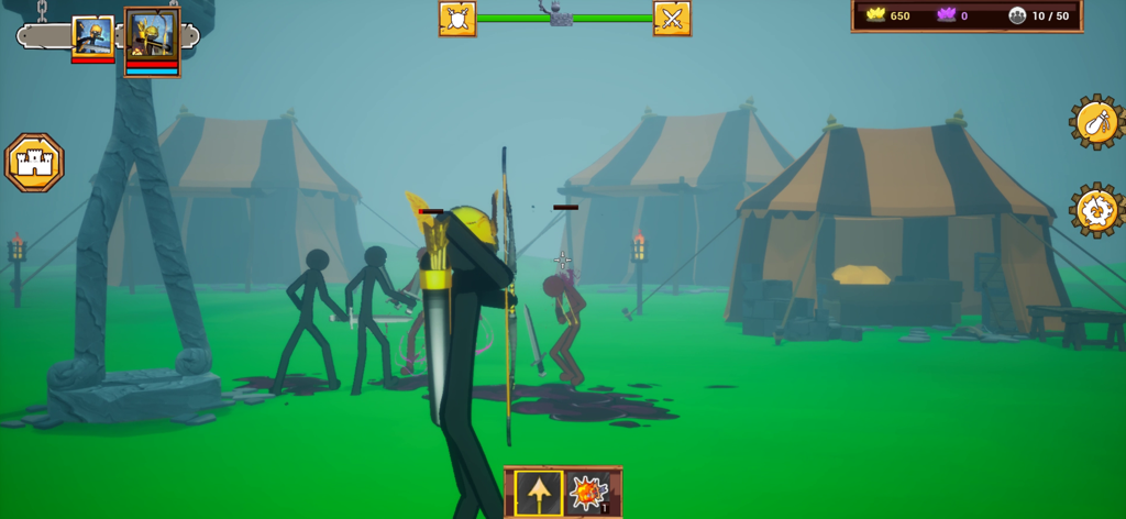 A 3D stickman archer aiming at enemies in a campsite within the game Stick Infinite Kingdom