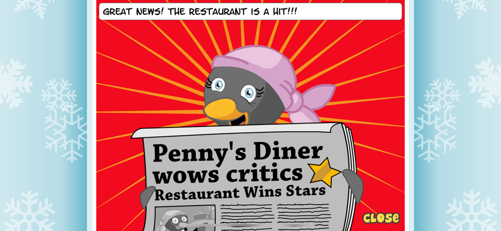 Penny la pingüino sosteniendo un periódico que dice que su restaurante es un éxito y ha ganado estrellas.