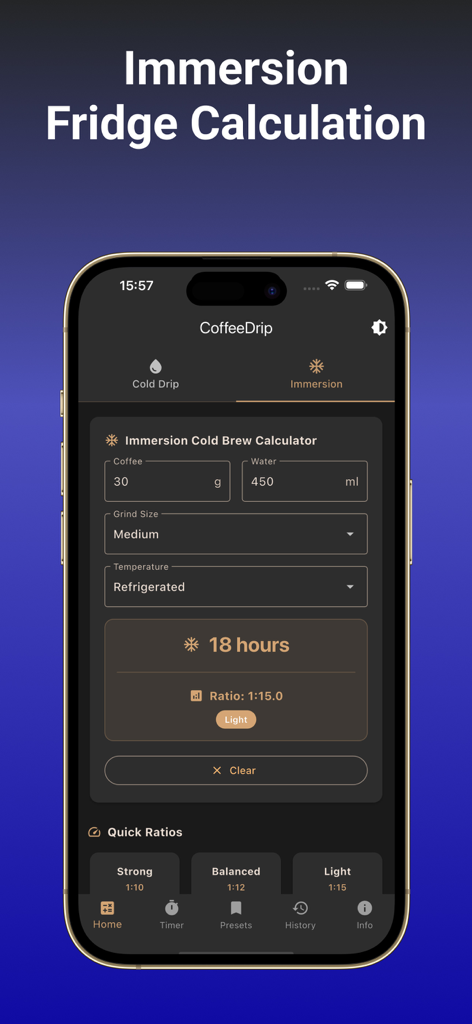 CoffeeDrip - CoffeeDrip app showing the immersion cold brew fridge calculation screen with a 1 to 15 ratio