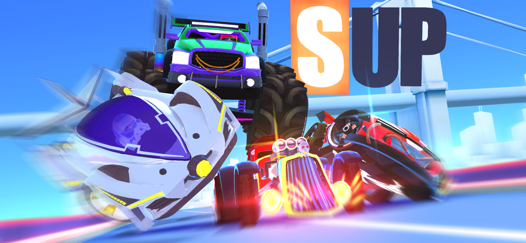 SUP Multiplayer Racing - Scena di corsa ricca d'azione di SUP Multiplayer Racing con veicoli stilizzati e un monster truck