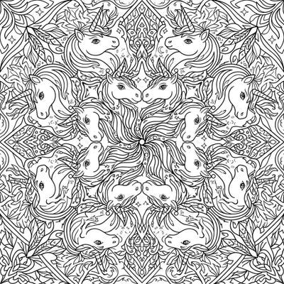 Discover the enchanting beauty of our Kaleidoscope Unicorns coloring page, featuring a mesmerizing, symmetrical arrangement of magical steeds. This intricate design promises a delightful artistic journey for colorists of all ages.