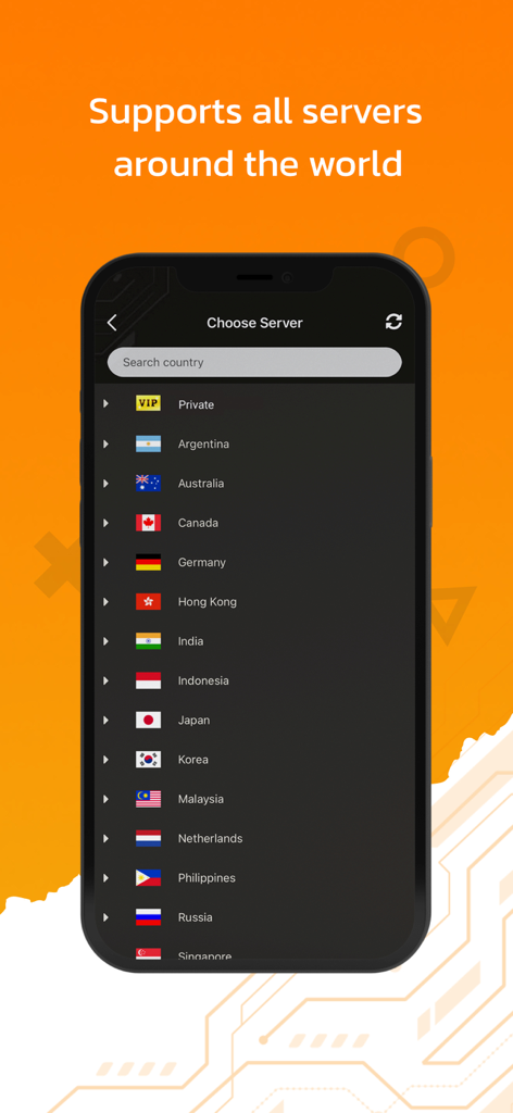 VPN4Games - VPN Proxy Games - A mobile screen showing a list of global VPN server locations including Japan Korea and Germany for gaming