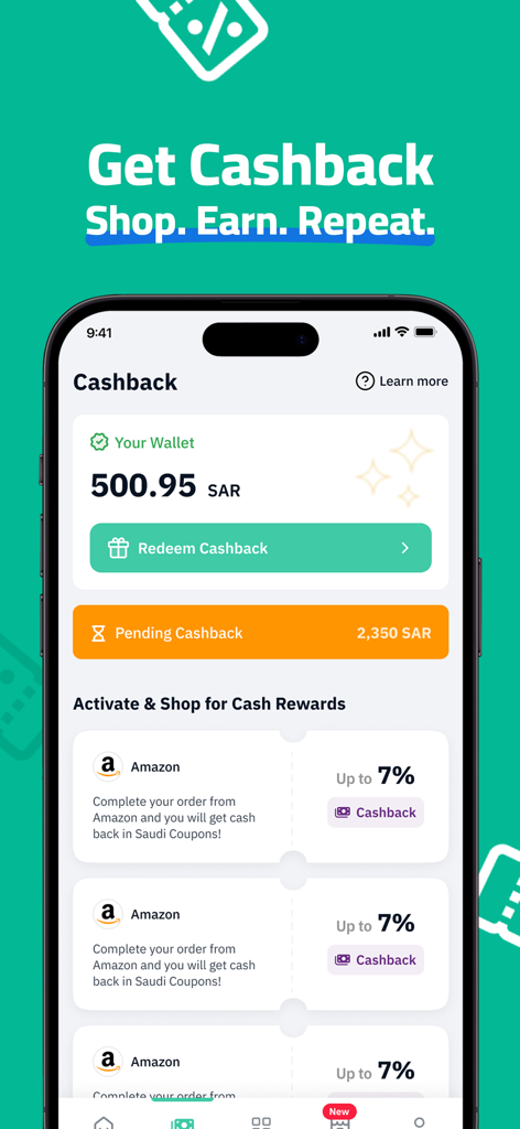 Interface de l'application Saudi Coupons affichant le solde du portefeuille de cashback et les récompenses d'achat pour des magasins comme Amazon.