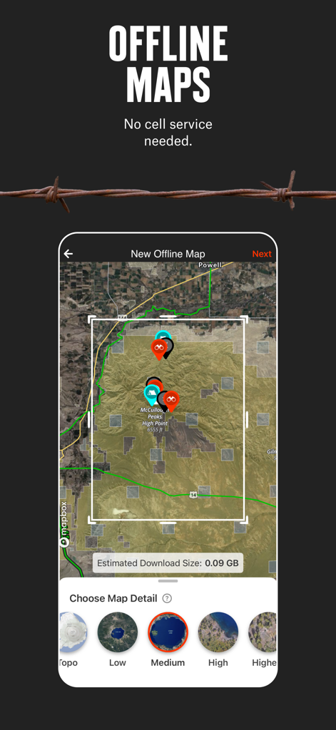 Interface of the onX Hunt app showing the offline maps feature for downloading hunting maps without cell service