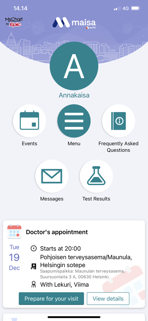 Dashboard of the Maisa medical app featuring navigation icons and a scheduled doctor appointment
