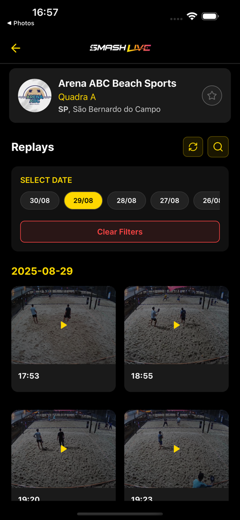 Smash Live - Smash Live app interface showing a list of recorded beach sports match replays with date filters
