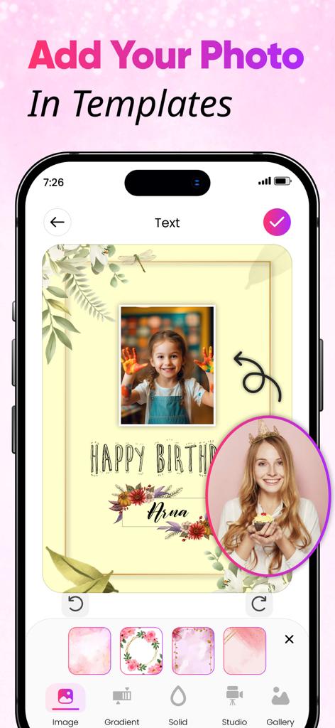 Birthday Greeting Card Creator - Smartphone screen showing the birthday card app with a childs photo inside a floral template
