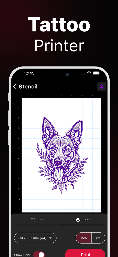 Interfaz de la aplicación mostrando un esténcil de tatuaje de perro en una cuadrícula listo para imprimir