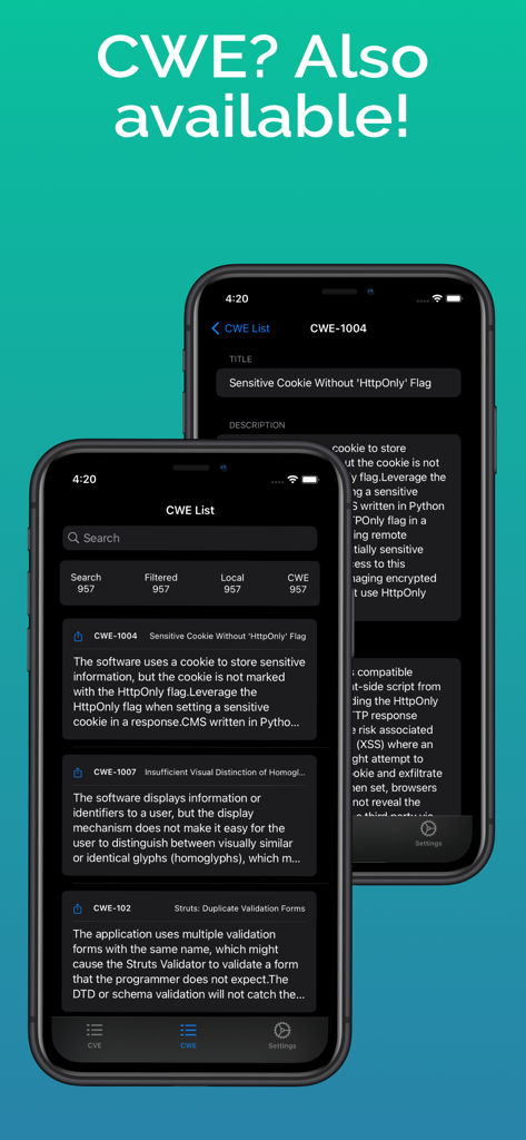 V-Check - V-Checkアプリの画面。CWEリストと詳細なサイバーセキュリティ脆弱性情報を表示しています。