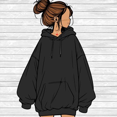realistic girl with a oversized sweatshirt on and a bun