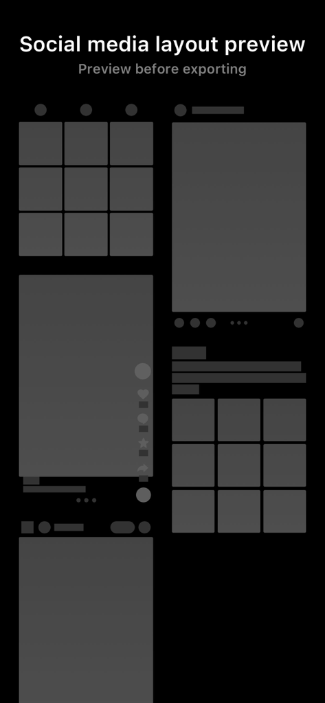 Liit - Photo & Video Editor - A preview of different social media grid and post layouts within the Liit photo and video editor app.