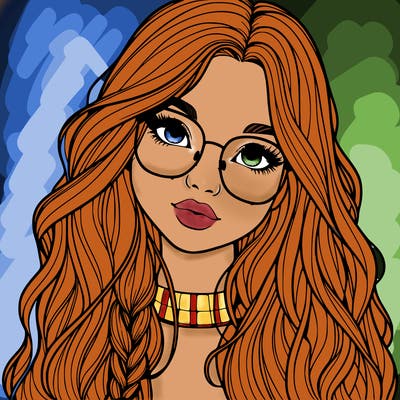 girl with long hair and freckles and glasses realistic