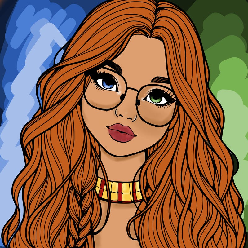 girl with long hair and freckles and glasses realistic