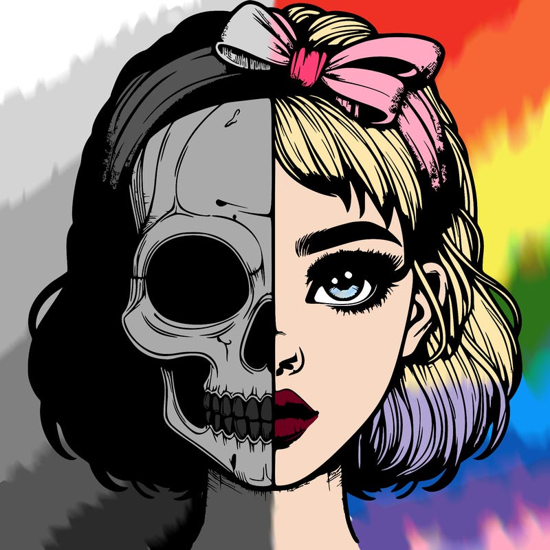 realistic girl with half skull mask