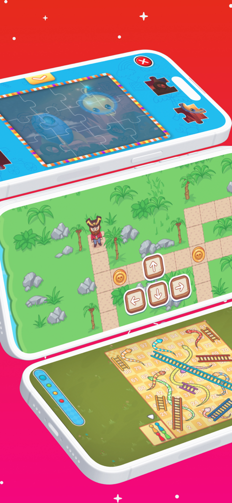 Kidjo Games: Kids Play & Learn - Tres smartphones mostrando varios juegos educativos para niños, incluyendo rompecabezas y laberintos