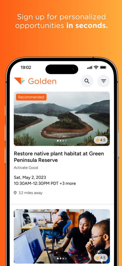 Golden: Volunteer Portal - Golden app interface displaying recommended volunteer opportunities including habitat restoration and technical projects.