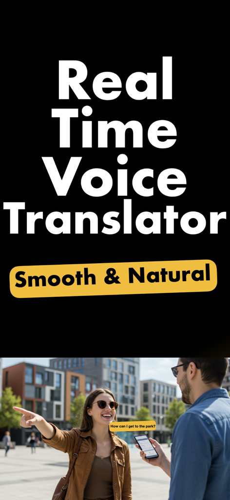 Vox AI: Real Time Translator - Real time voice translator app screen showing people communicating smoothly in a city