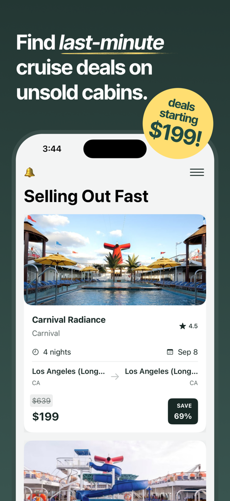 CruiseSlash - CruiseSlash mobile app interface showing discounted last-minute cruise deals starting at 199 dollars.