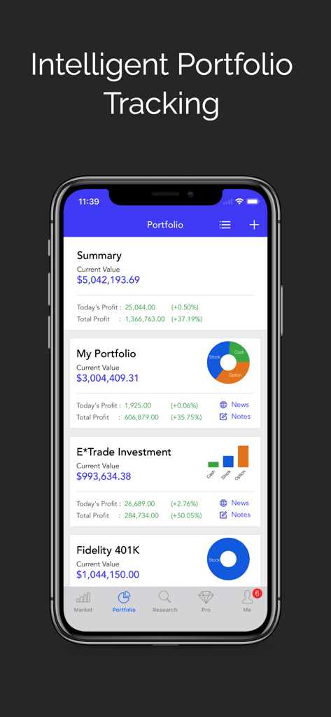 Super Stocks with Options - Portfolio dashboard in the Super Stocks with Options app showing multiple investment accounts and performance summaries.