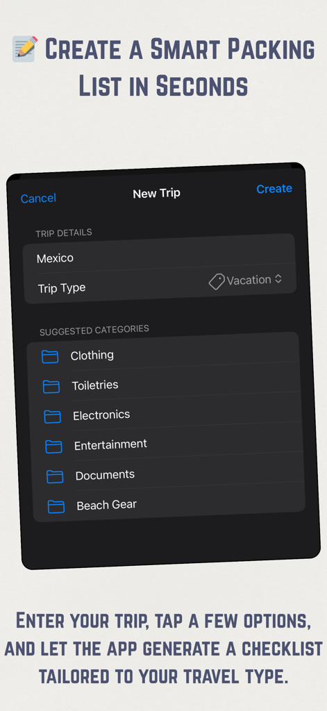 Interface do aplicativo TripList para criar uma nova lista de bagagem de férias para o México com categorias sugeridas