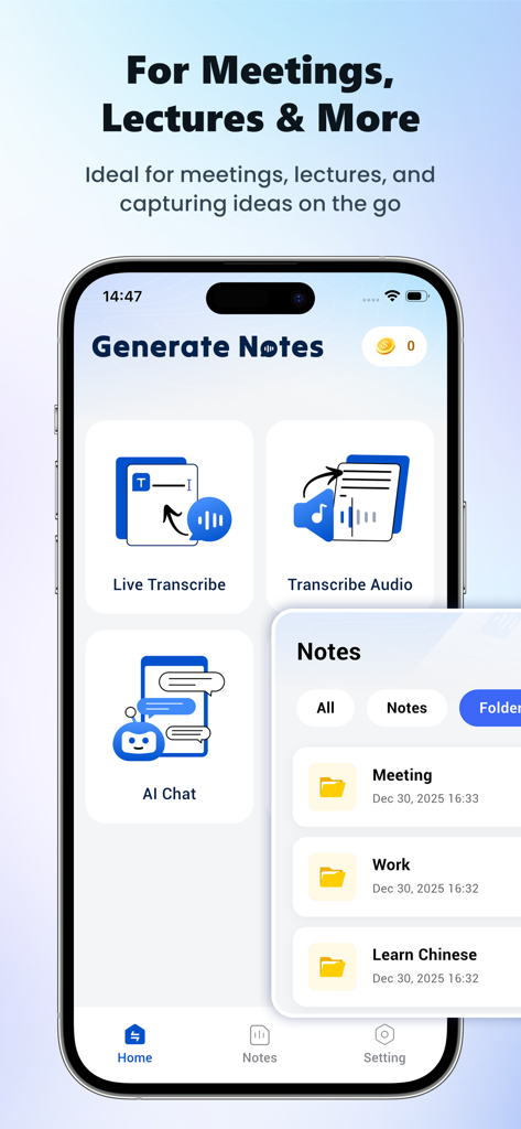 Sound Notes AI:Voice Assistant - Pantalla de inicio de la aplicación Sound Notes AI con funciones de transcripción y organización de notas