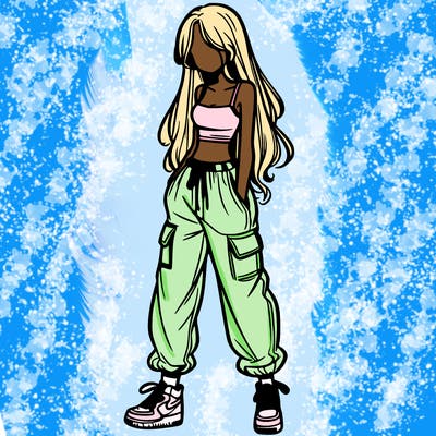 girl in baggy pants crop top and long hair