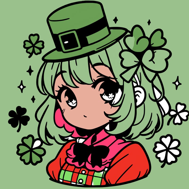 a manga-style girl with clovers around her, a little hat in her hair, like it's saint patrick's day