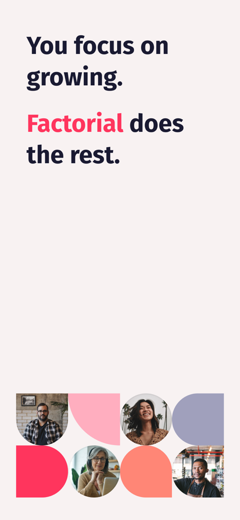 Pantalla promocional de la aplicación de RRHH de Factorial con el lema Tú te enfocas en crecer Factorial se encarga del resto y fotos de un equipo profesional diverso