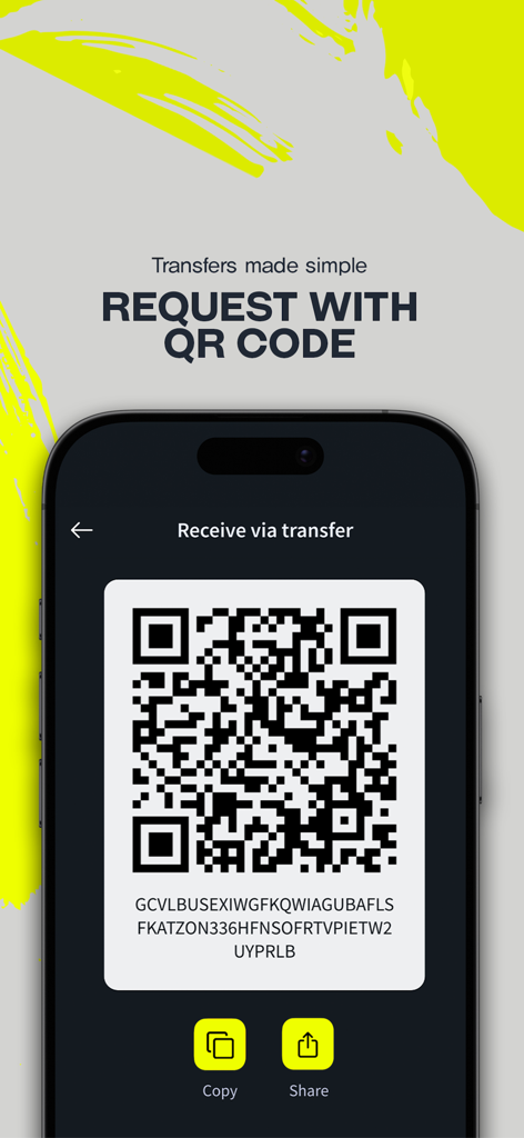 Freedom Pay Wallet - Freedom Pay Wallet app interface showing a QR code and address for receiving money transfers